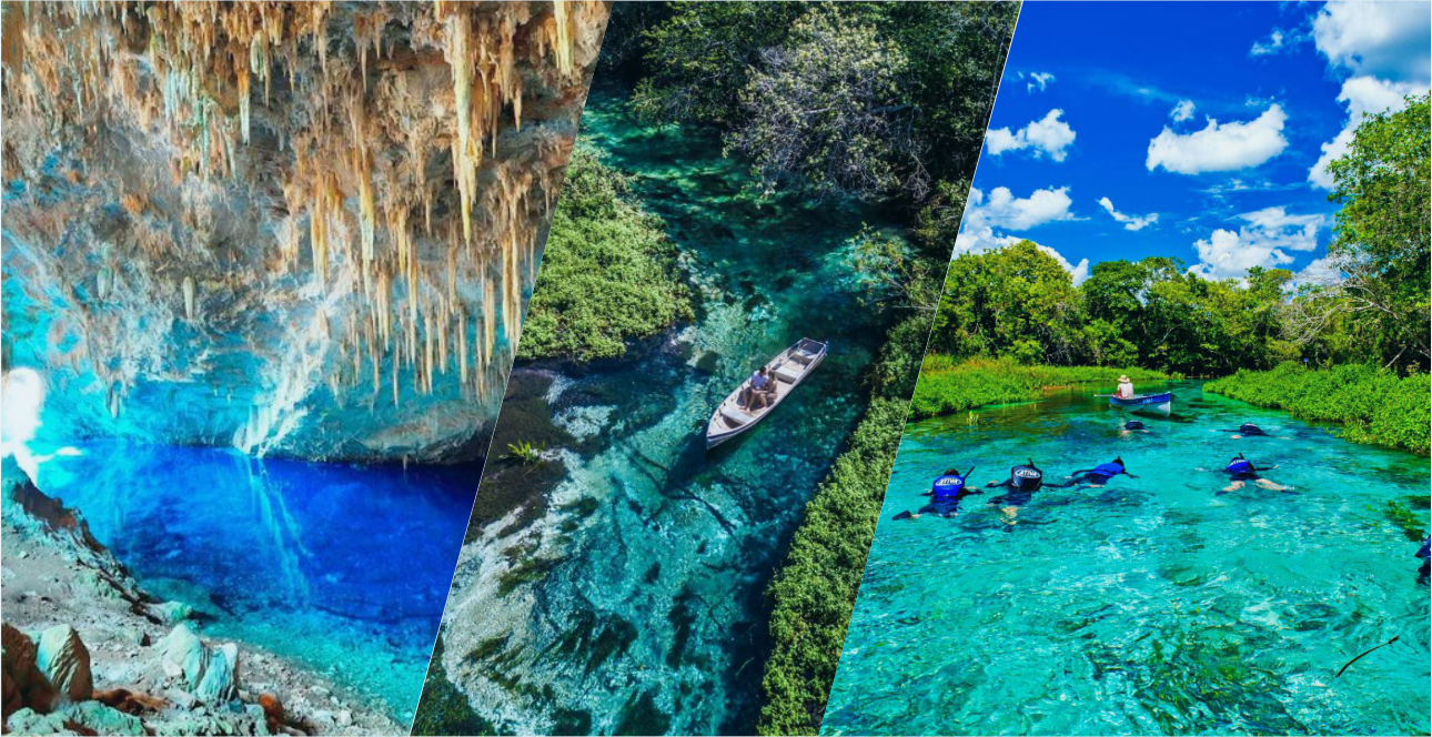 Águas cristalinas e gruta em Bonito, Mato Grosso do Sul